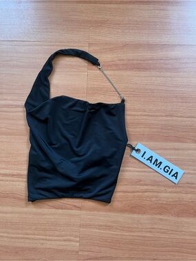 I.AM.GIA Black Backless Halter Chain Strap Top
